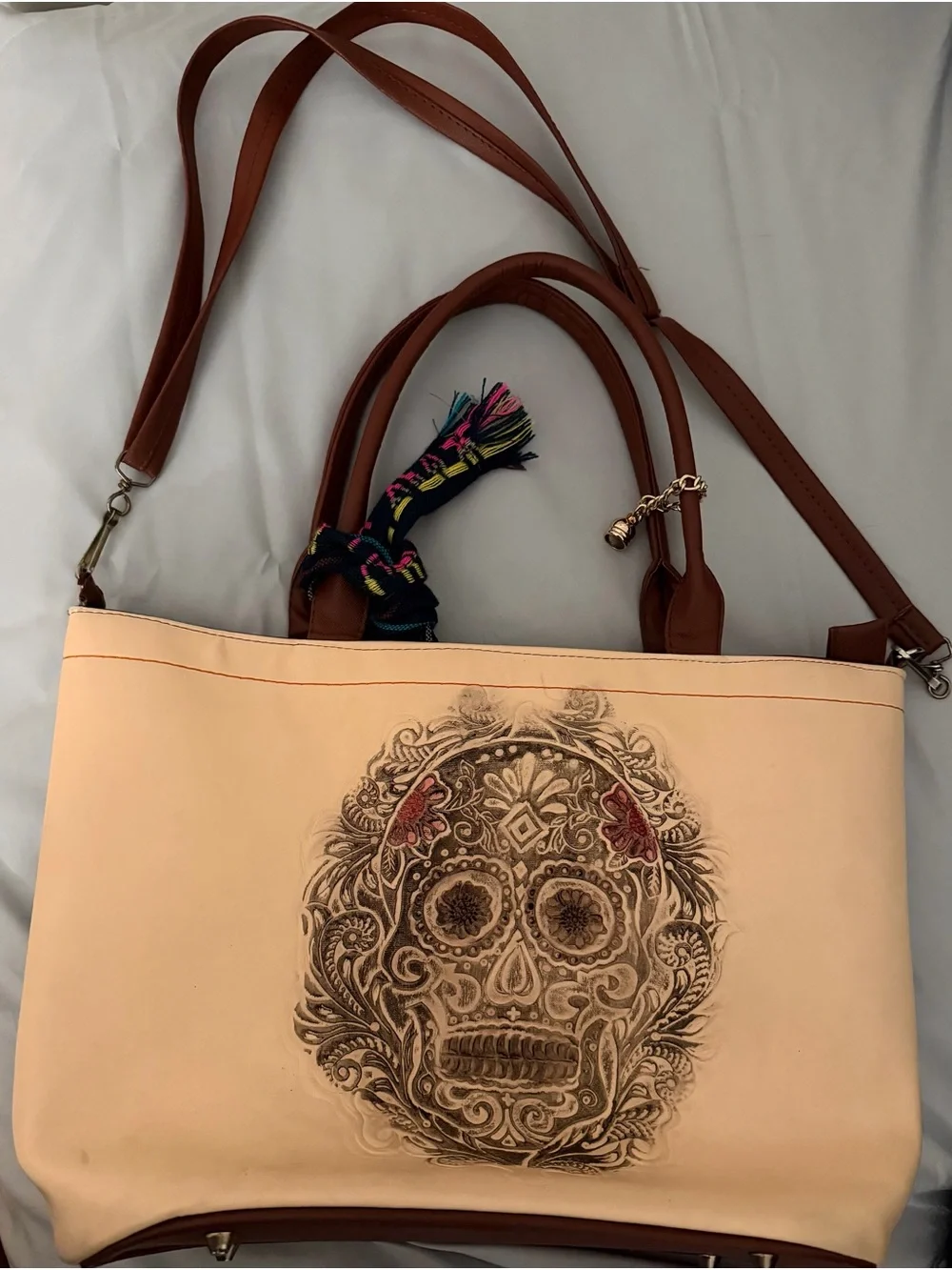 Sugar Skull Tote Bag in Cream and Brown